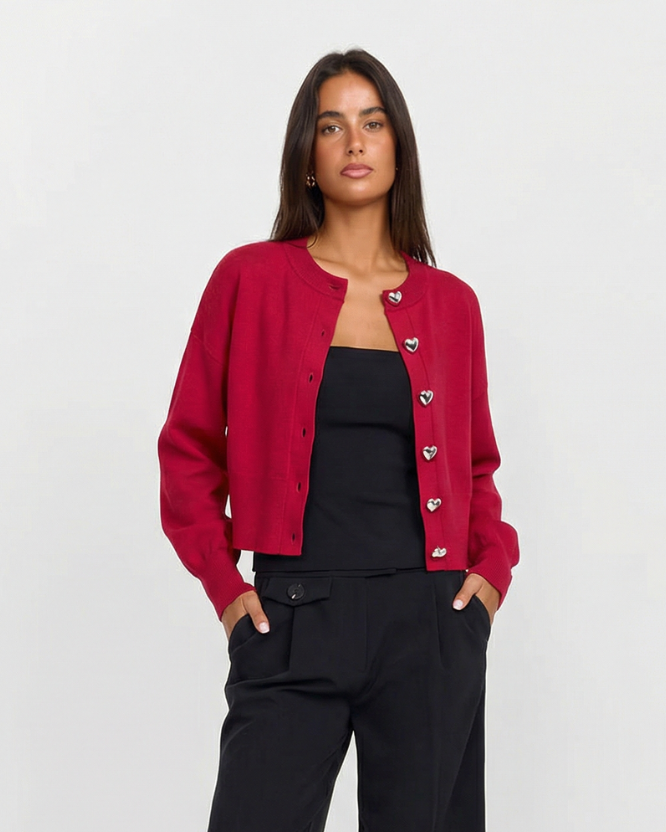 Paloma | Red Cropped Blouse Long Sleeve Heart Buttons