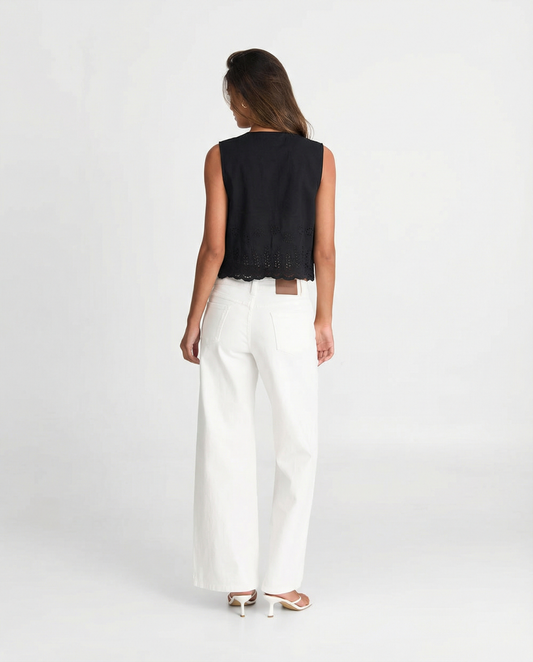 Nola | Eyelet Lace Cardigan Black Sleeveless Tie Front