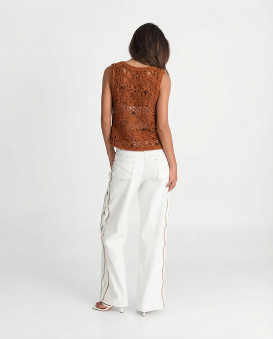 Thea | Cropped Crochet Cardigan Brown Beaded Sleeveless
