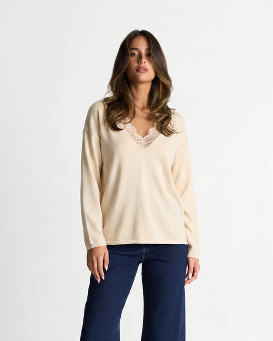 Margot | Lace V Neck Long Sleeve Blouse Cream