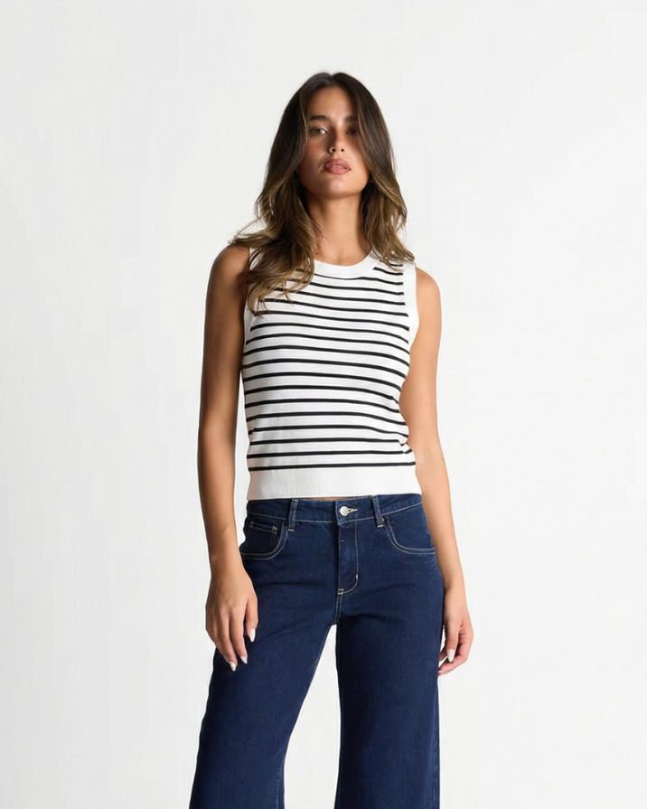 Yara | Striped Knitted Tank Top White Sleeveless Fitted Ribbed