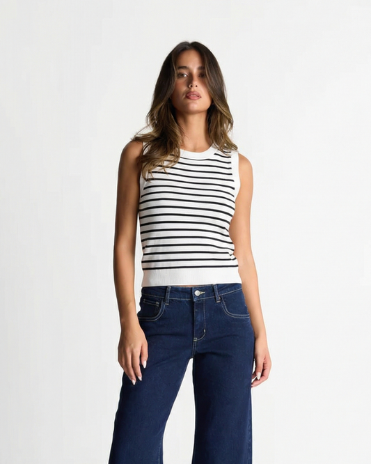 Yara | Striped Knitted Tank Top White Sleeveless Fitted Ribbed