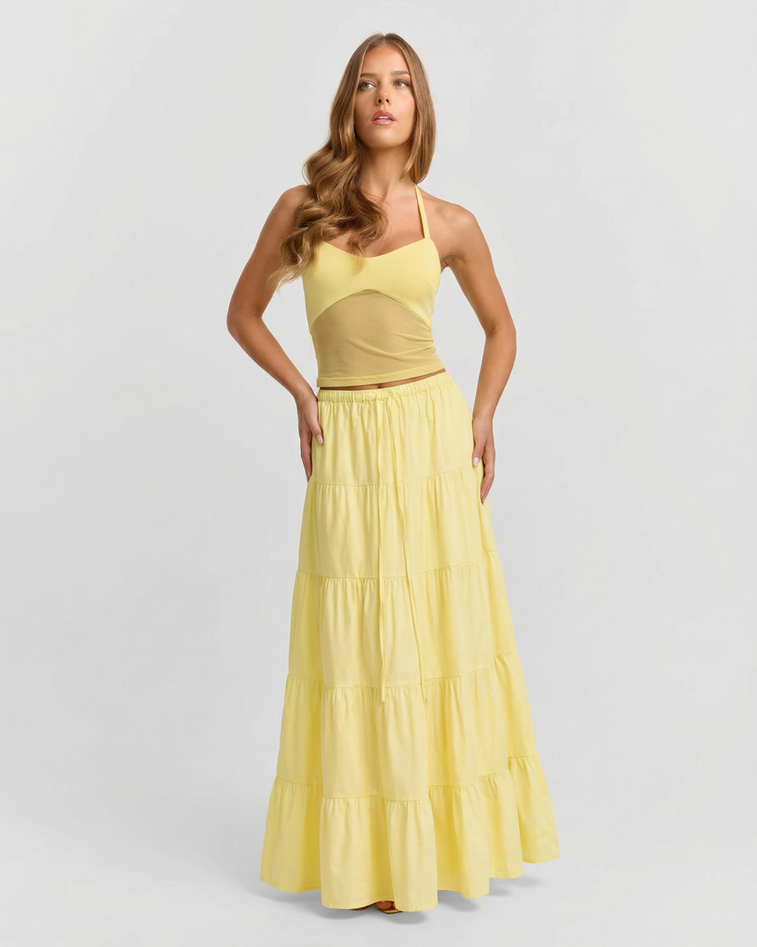 Fleur | Tiered Maxi Skirt Yellow Cotton Elastic Waist