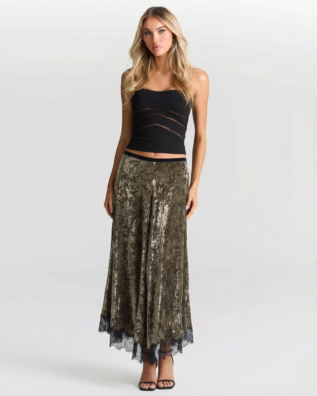 Vera | Velvet Maxi Skirt Olive Lace Trim