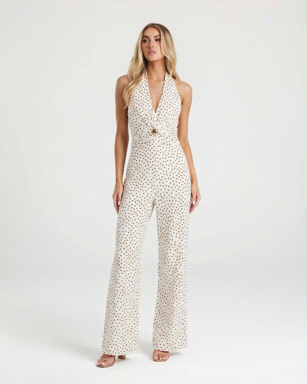 Tess | Elegant Polka Dot Halter Neck Jumpsuit Cream Wide Leg