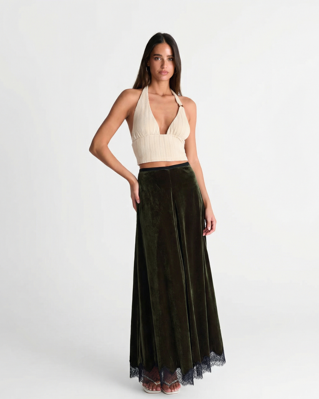 Vera | Velvet Maxi Skirt Olive Green Lace Trim A Line