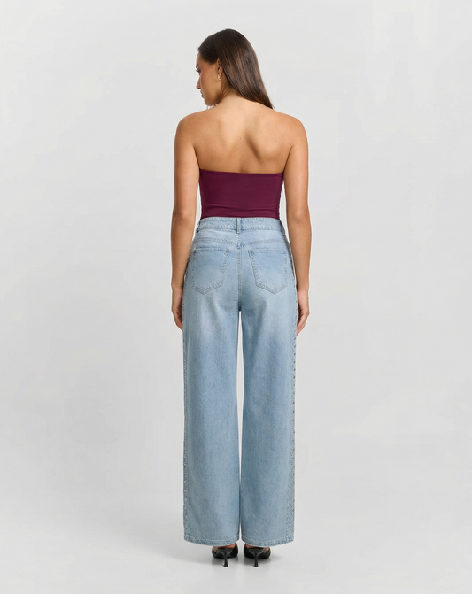 Vera | High Waisted Wide Leg Jeans Light Blue Studded