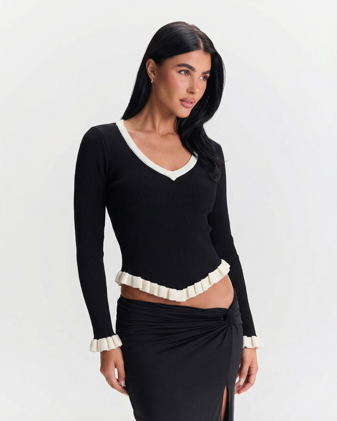 Romy | Elegant V Neck Blouse Black Long Sleeve Ruffle Trim Fitted