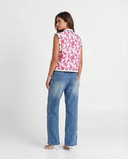 Vera | Paisley Print Sleeveless Cardigan Pink White Open Front