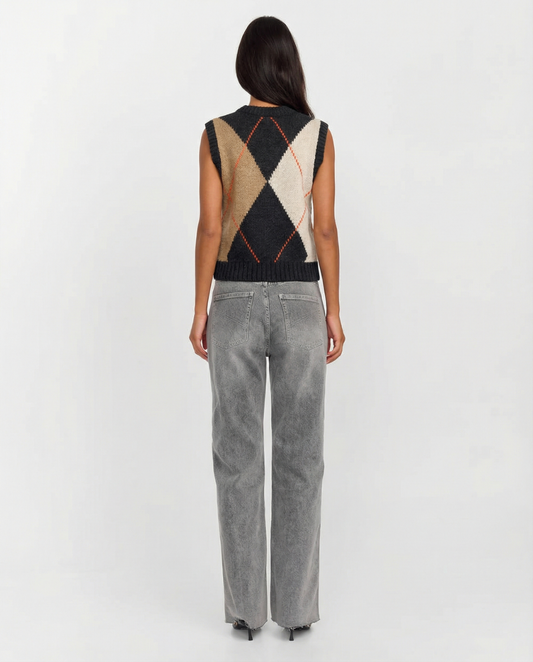 Camille | Argyle Knitted Vest Top Black Cream Beige Sleeveless