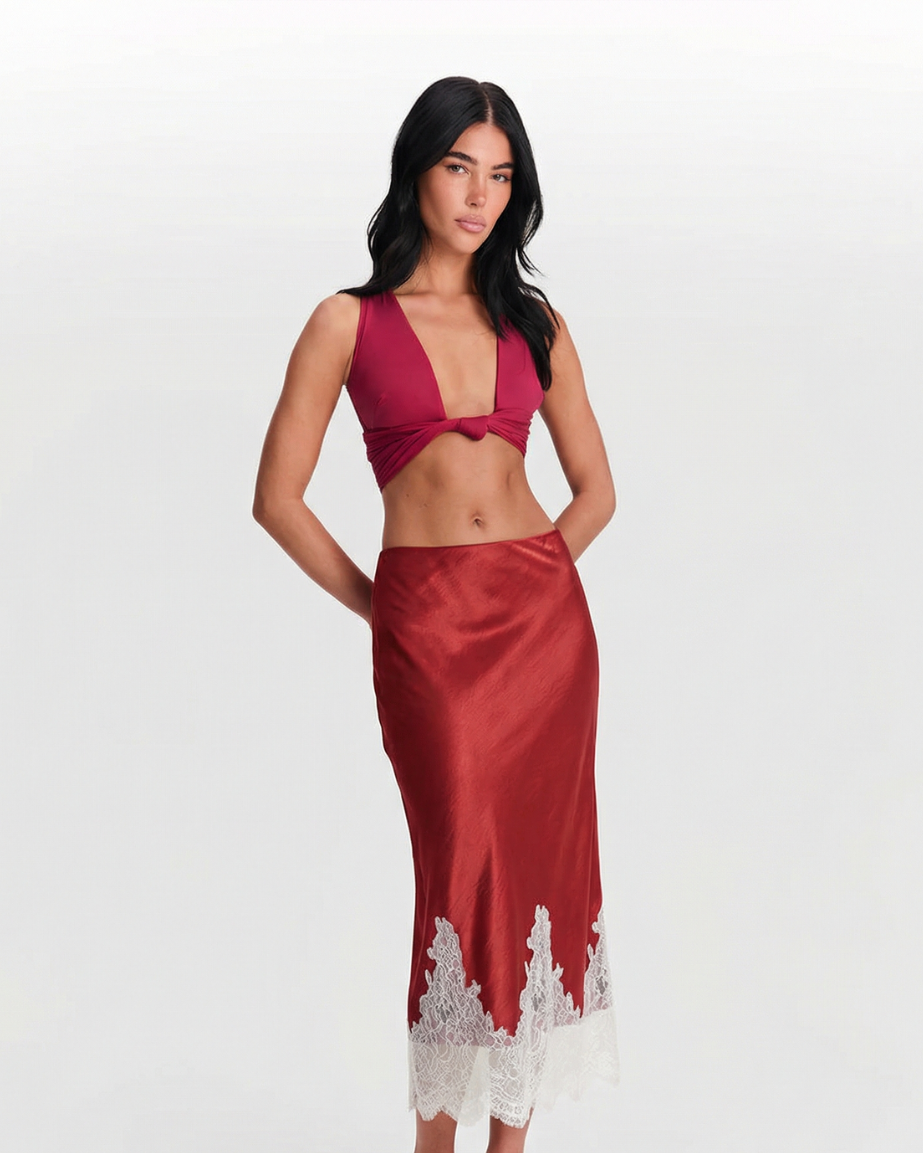 Sia | Elegant Satin Midi Skirt Red Lace Hem Slip