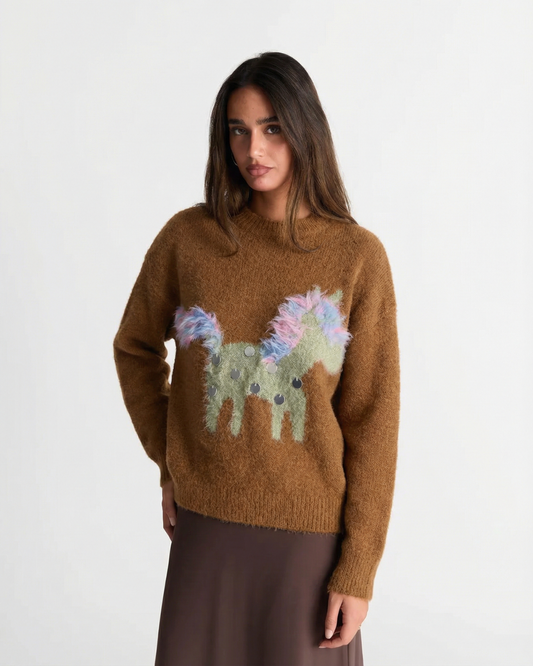 Aria | Knitted Sweater Brown Pony Print Fluffy Ears