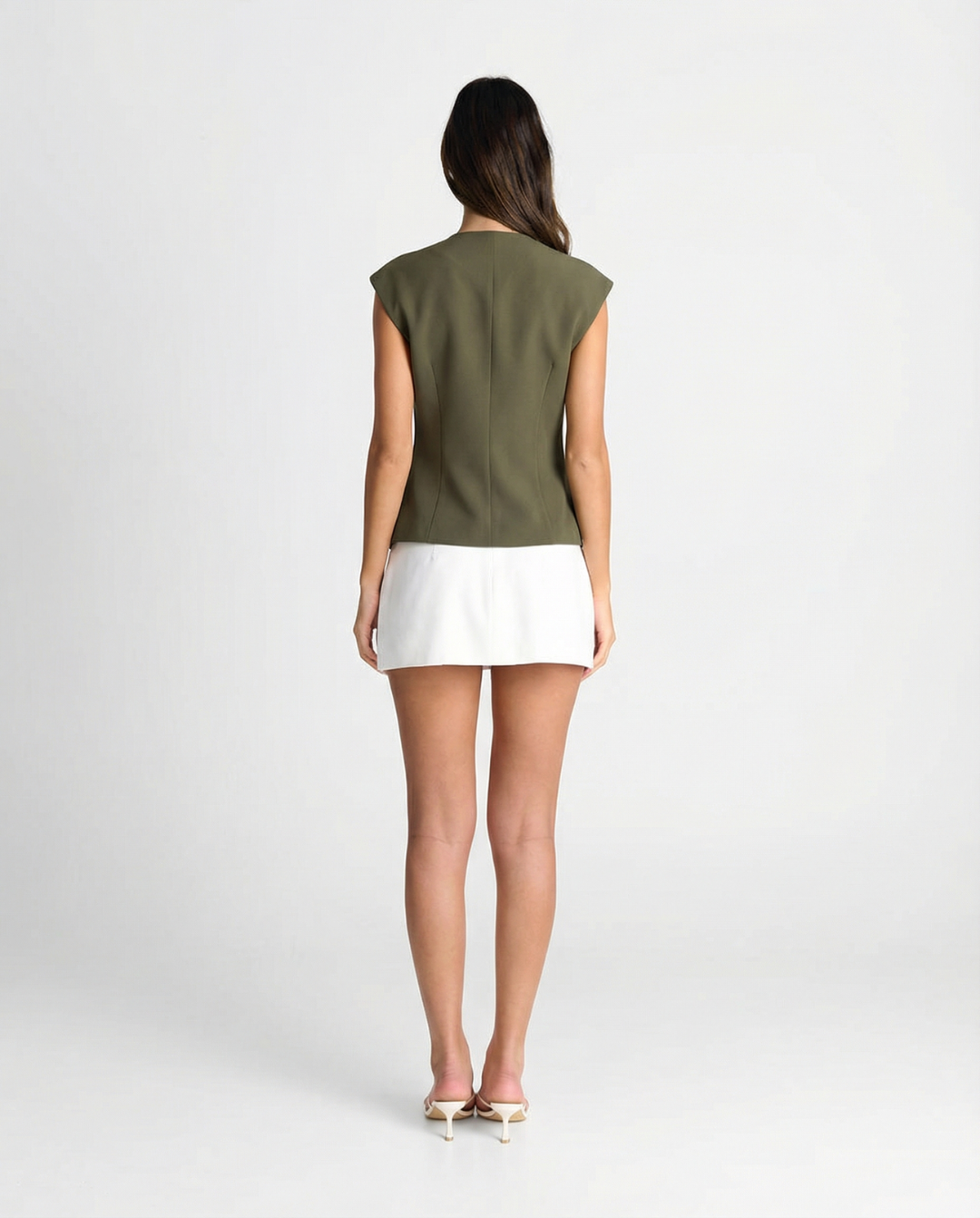 Thea | Asymmetric Button Up Vest Top Olive V Neck Sleeveless