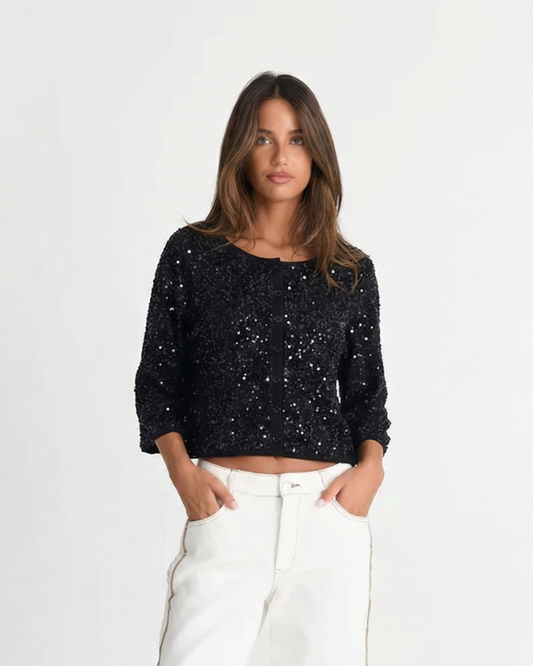 Aria | Sequin Top Black Long Sleeve Crop Boxy Embellished