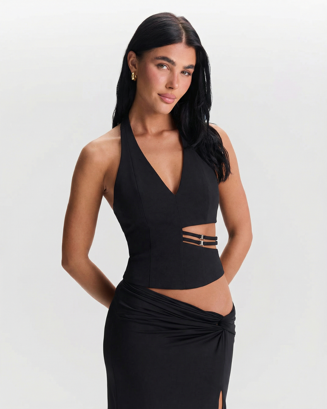 Viola | Halter Neck Top Black Cut Out V Neck Sleeveless