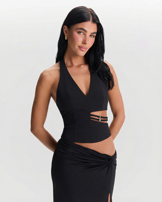 Viola | Halter Neck Top Black Cut Out V Neck Sleeveless
