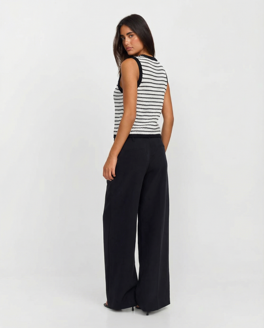 Faye | Striped Knit Vest Cardigan Black White Button Front Sleeveless