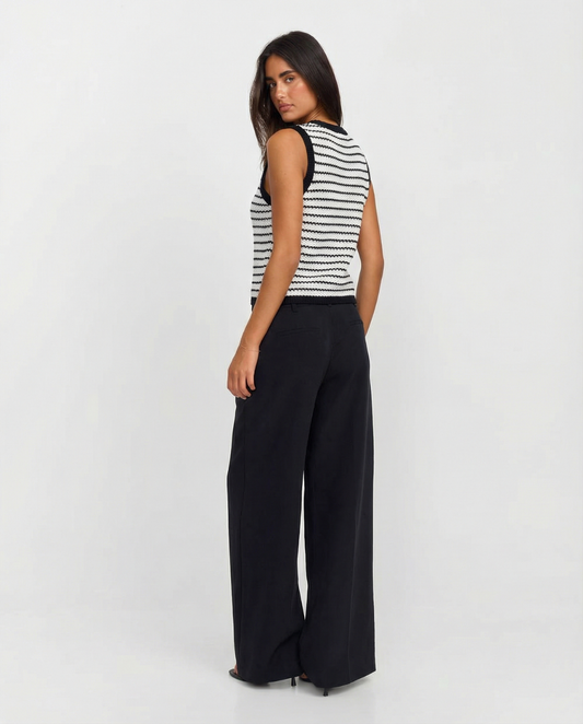 Faye | Striped Knit Vest Cardigan Black White Button Front Sleeveless