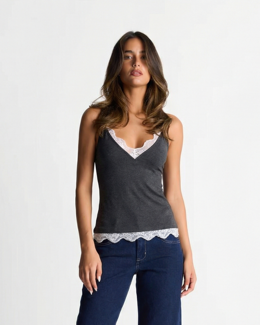 Viola | Everyday Lace Trim Cami Top Grey V Neck Fitted Sleeveless