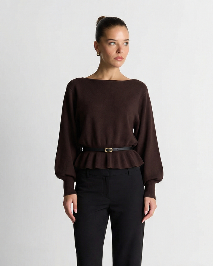 Flora | Smart Casual Peplum Blouse Brown Long Sleeve Belted