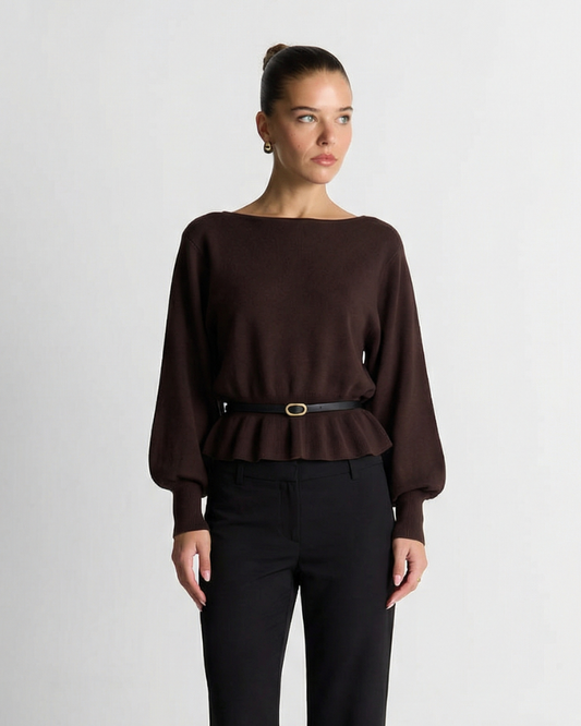 Flora | Smart Casual Peplum Blouse Brown Long Sleeve Belted