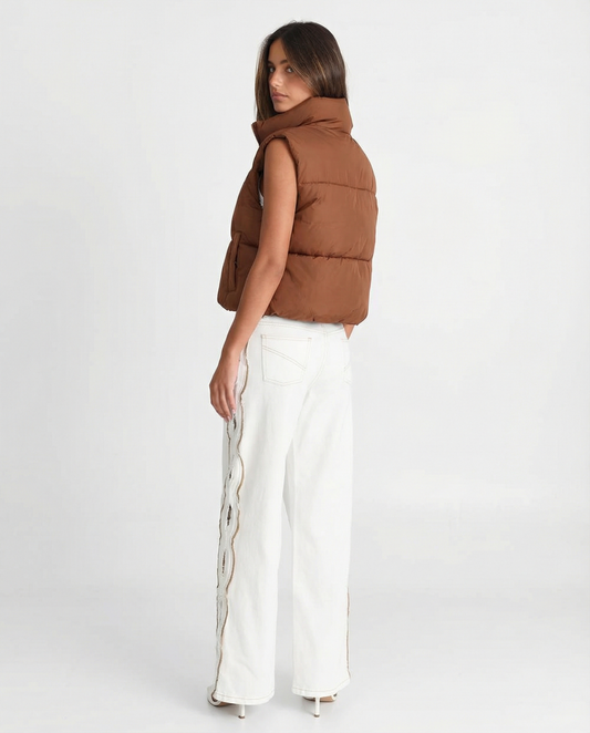 Thea | Cropped Puffer Vest Brown Zip Up Padded Sleeveless