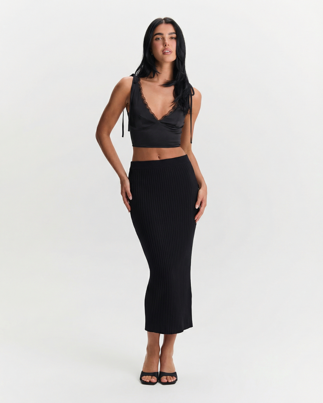 Faye | Knitted Midi Skirt Black Ribbed Bodycon Fitted