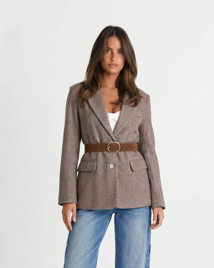 Thea | Belted Tailored Blazer Brown Long Sleeve