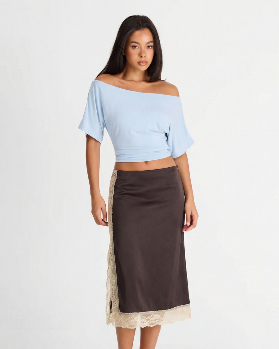 Sage | Lace Midi Skirt Brown Satin Slip Panel Hem