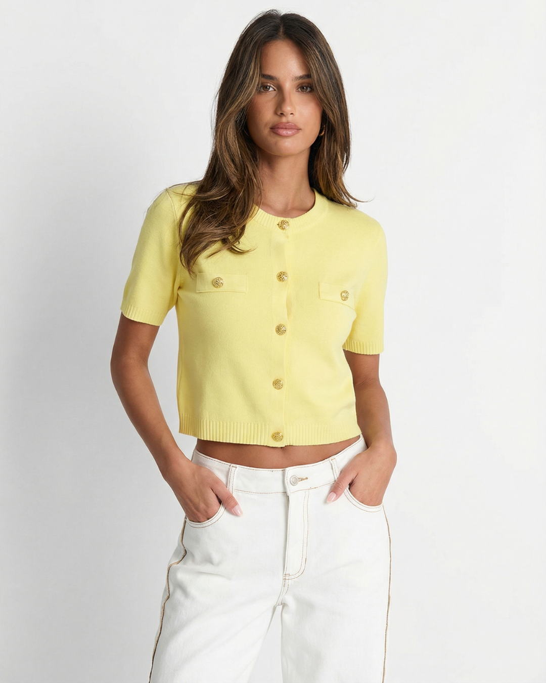 Lucia | Cropped Knit Cardigan Yellow Short Sleeve Gold Button