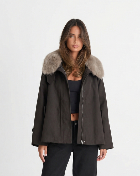 Vera | Faux Fur Collar Swing Jacket Brown Cropped