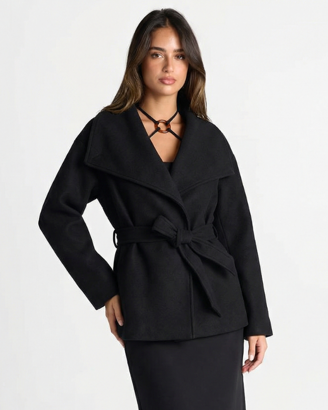 Demi | Elegant Black Belted Jacket Coat Wrap Collar Long Sleeve