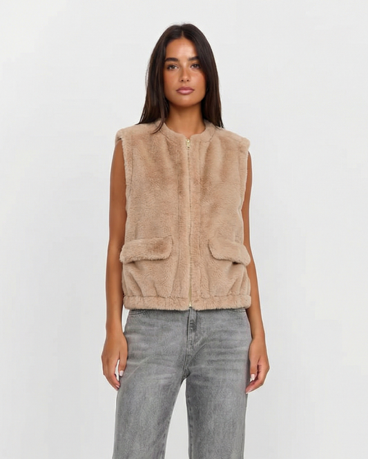 Thea | Oversized Sherpa Vest Beige Zip Up Front Pockets