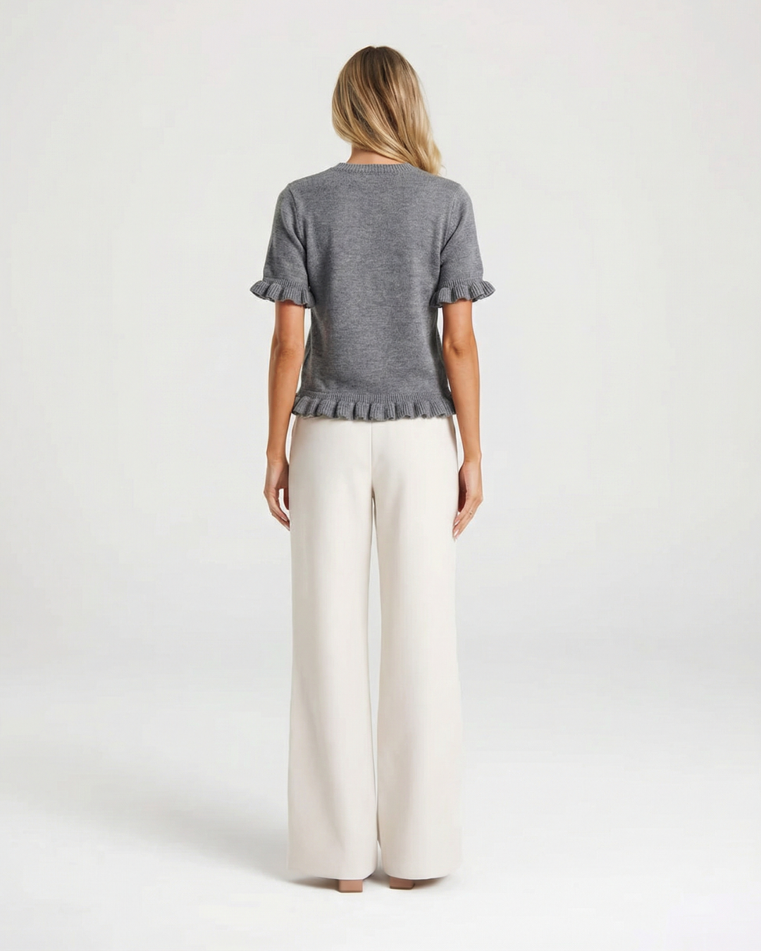 Vera | Ruffle Short Sleeve Knit Top Gray Crew Neck