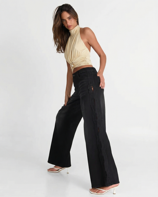 Jules | Elegant Halter Neck Top Cream Ruched High Neck Sleeveless