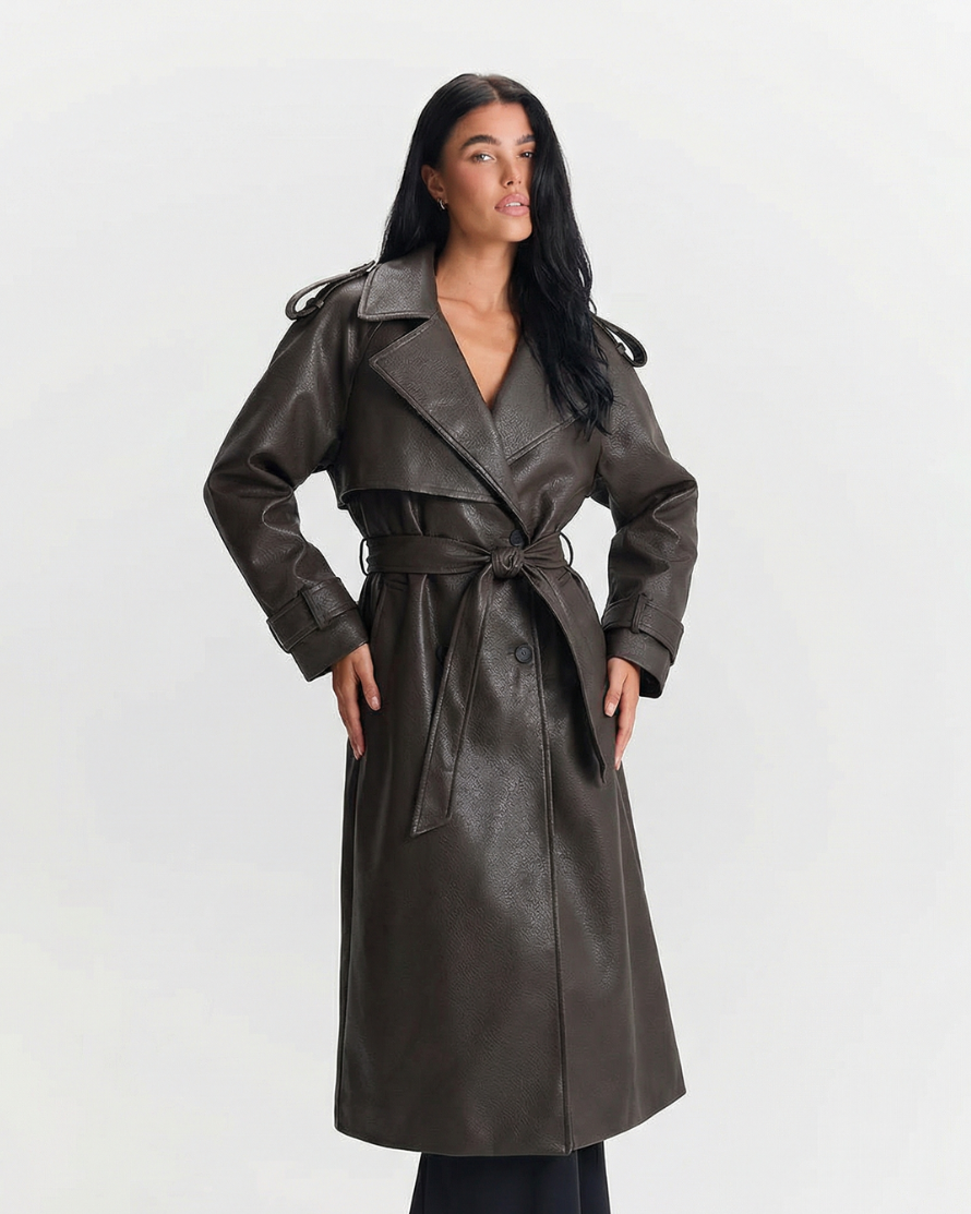 Neve | Elegant Belted Faux Leather Coat Black Long