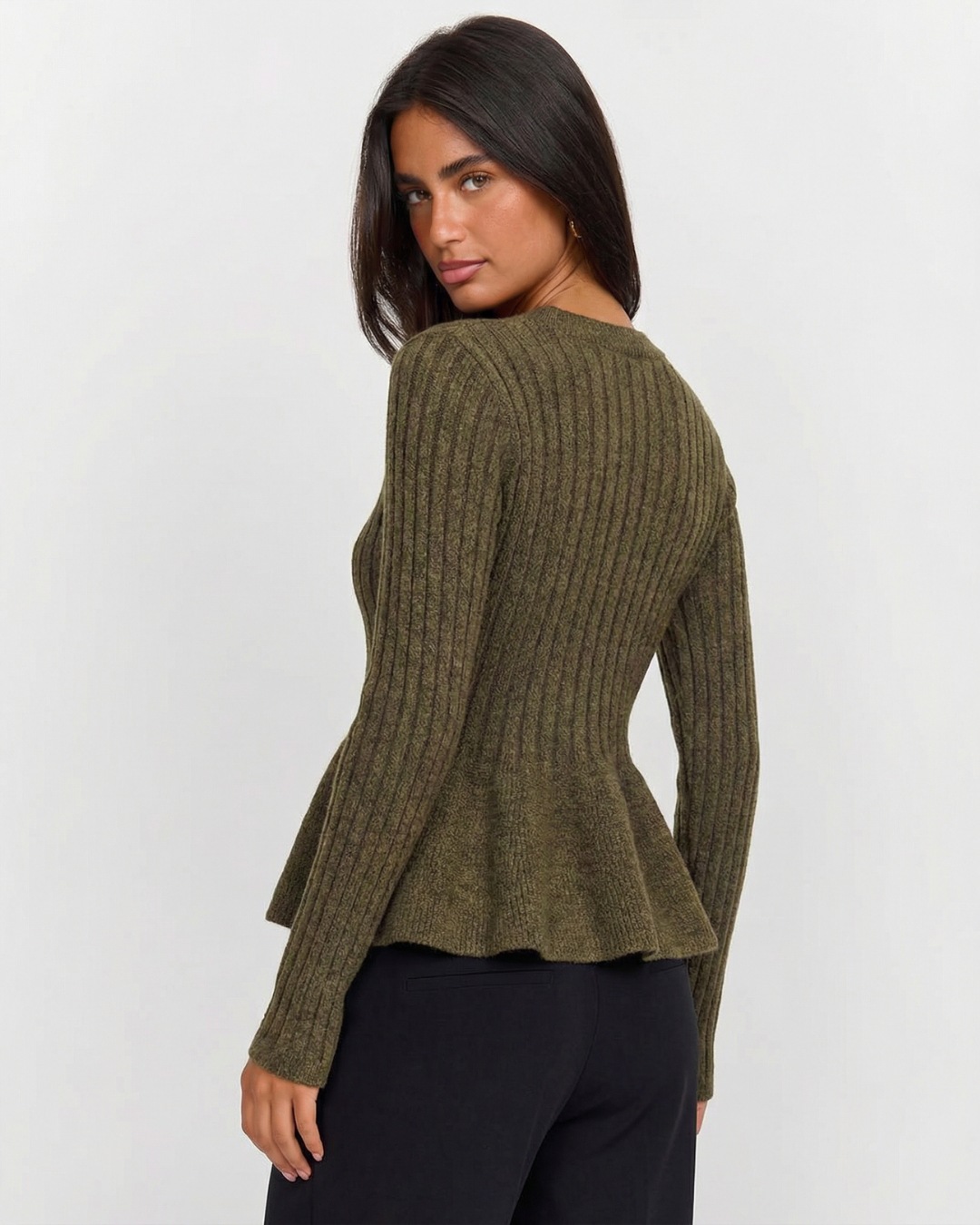 Arden | Knitted Cardigan Khaki Long Sleeve Peplum Ribbed Button Front