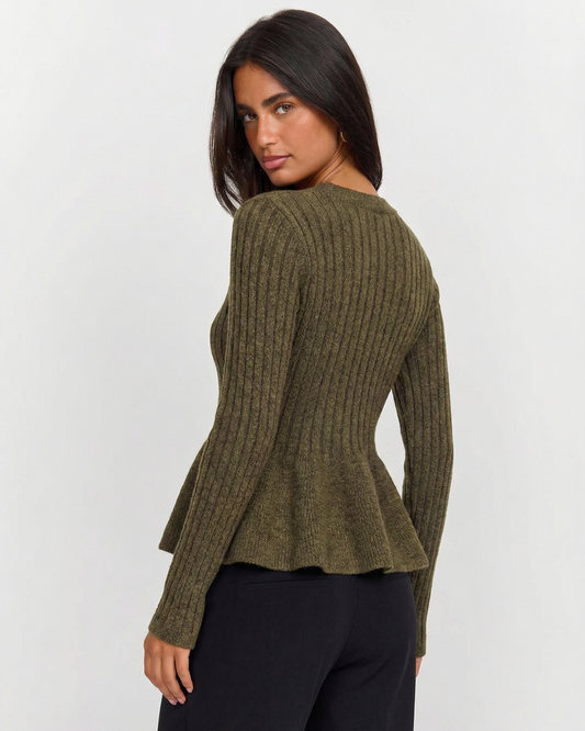Arden | Knitted Cardigan Khaki Long Sleeve Peplum Ribbed Button Front