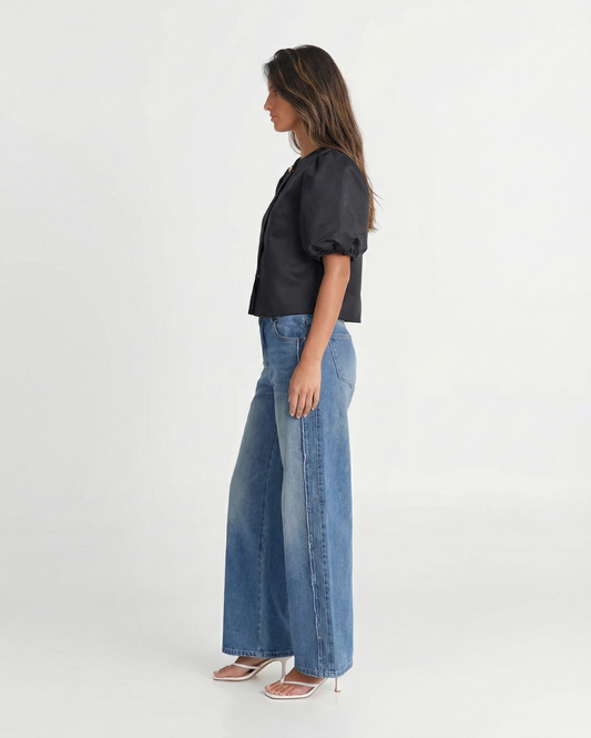 Viola | Elegant Satin Blouse Black Puff Sleeve Short Sleeve