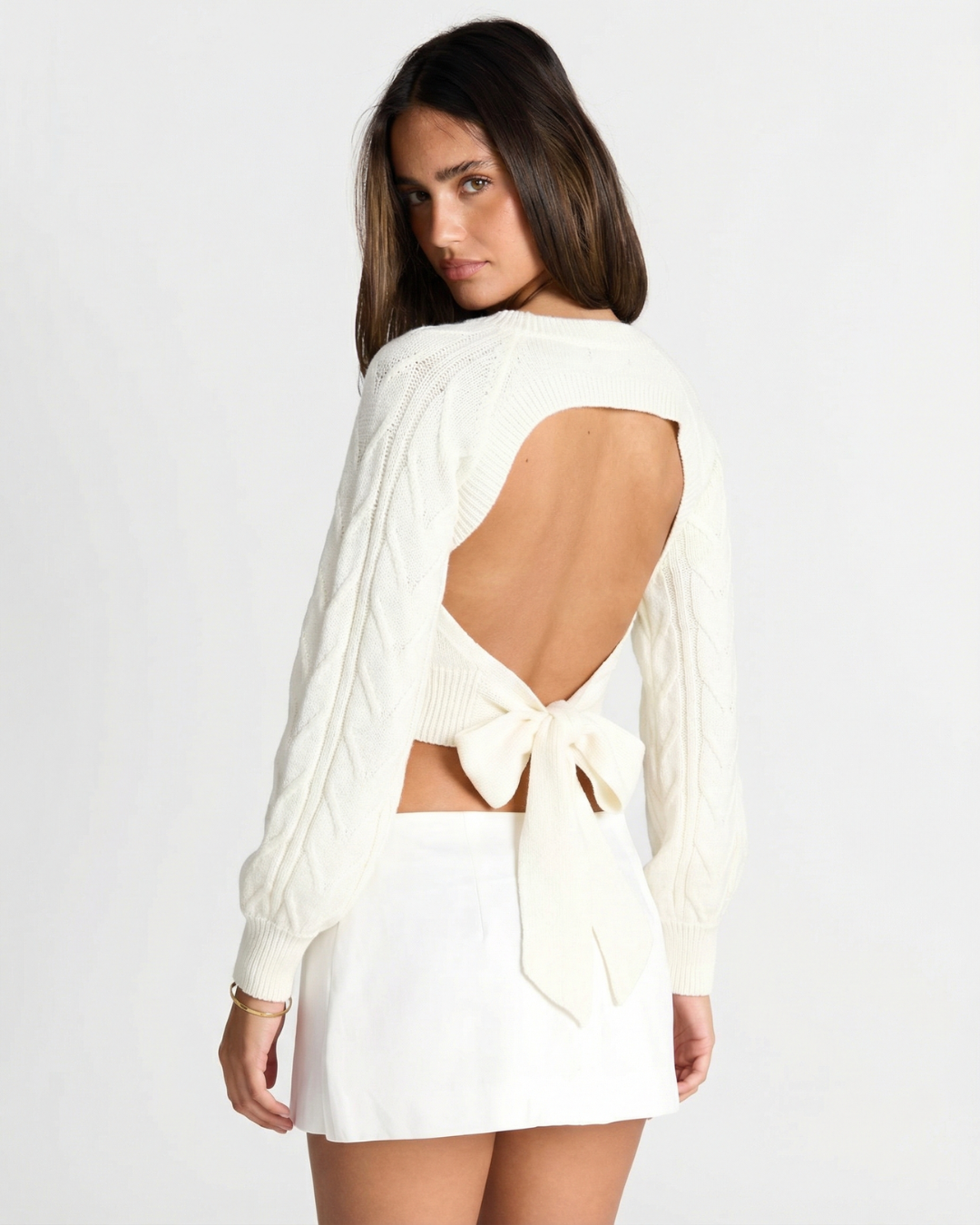 Opal | Casual Cropped Knitted Top Cream Cable Knit Long Sleeve