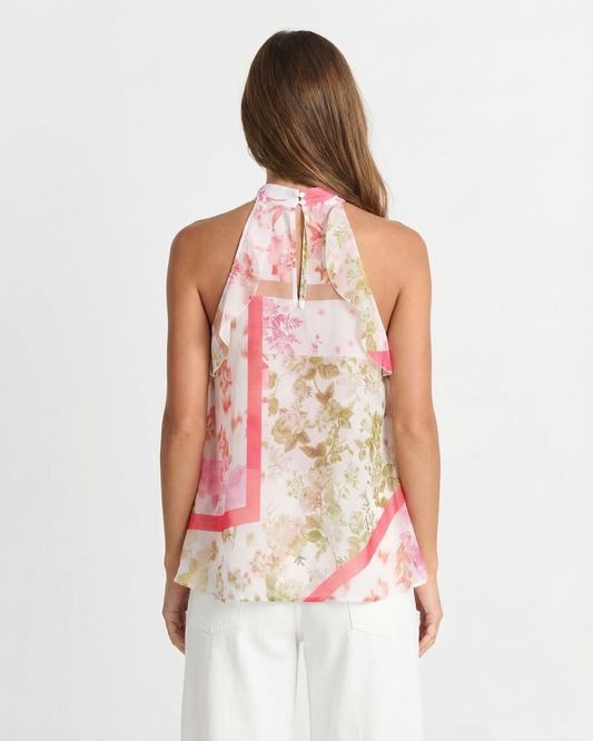 Lola | Elegant Halter Neck Top Pink Floral Chiffon Sleeveless Ruffle
