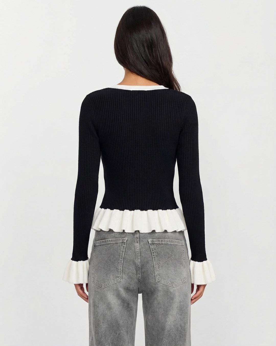 Hazel | Elegant Peplum Top Black Knitted Long Sleeve V Neck Fitted