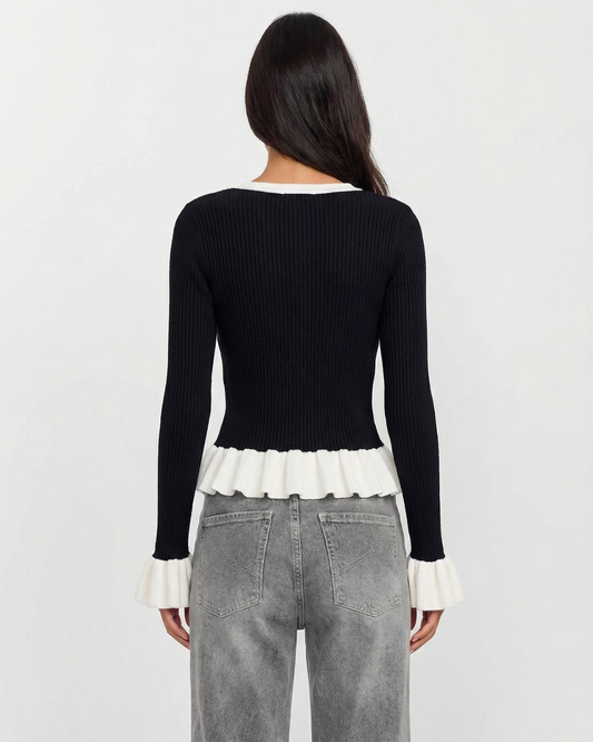Hazel | Elegant Peplum Top Black Knitted Long Sleeve V Neck Fitted