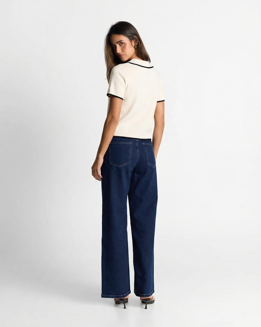 Ivy | Cropped Button Up Shirt Cream Short Sleeve Contrast Trim