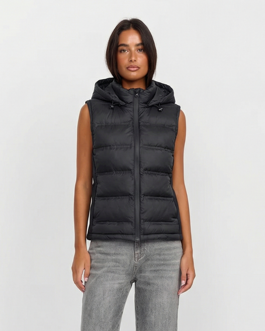 Vera | Puffer Vest Black Hooded Quilted Sleeveless Zip Up