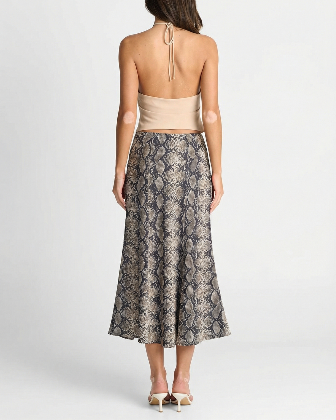 Vera | Snake Print Satin Midi Skirt Brown Bias Cut