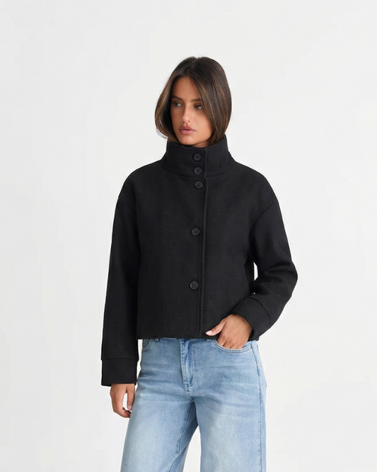 Rue | Winter Cropped Jacket Black High Neck Button Front