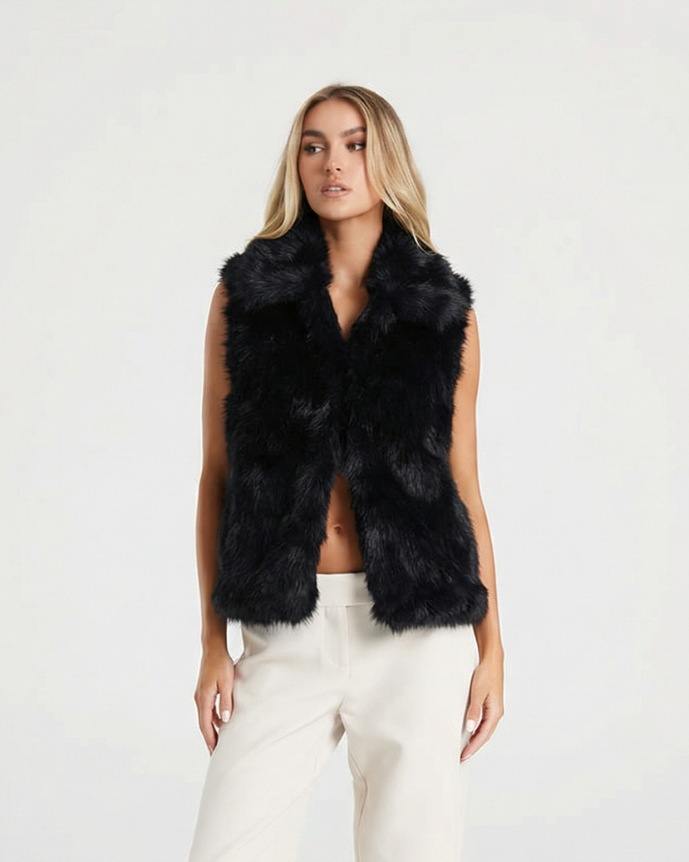 Thea | Faux Fur Vest Black Sleeveless Fluffy Open Front