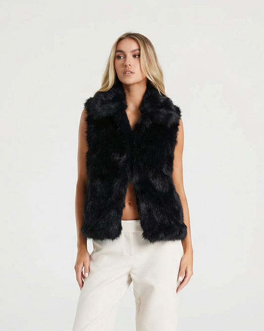 Esme | Winter Faux Fur Vest Black Sleeveless Fluffy