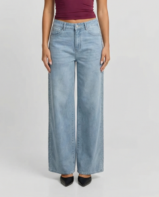 Vera | High Waisted Wide Leg Jeans Light Blue Studded